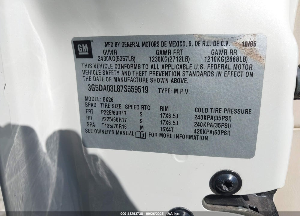 2007 BUICK RENDEZVOUS CXL VIN: 3G5DA03L87S559519