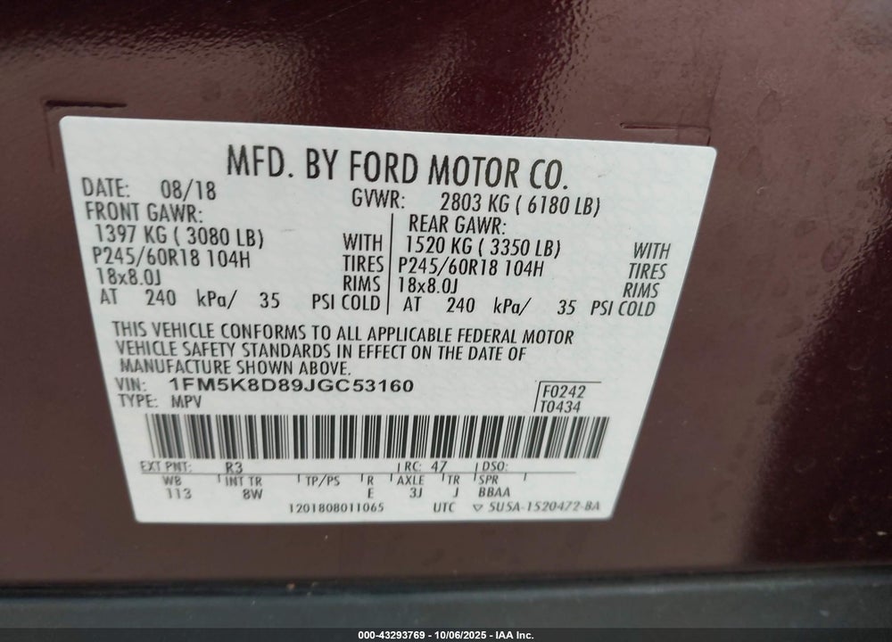 2018 FORD EXPLORER XLT VIN: 1FM5K8D89JGC53160