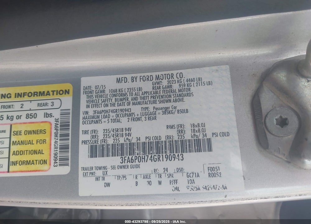 2016 FORD FUSION SE VIN: 3FA6P0H74GR190943
