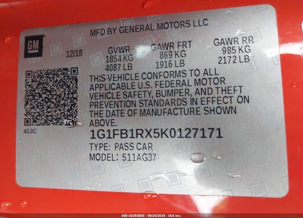 2019 CHEVROLET CAMARO VIN: 1G1FB1RX5K0127171