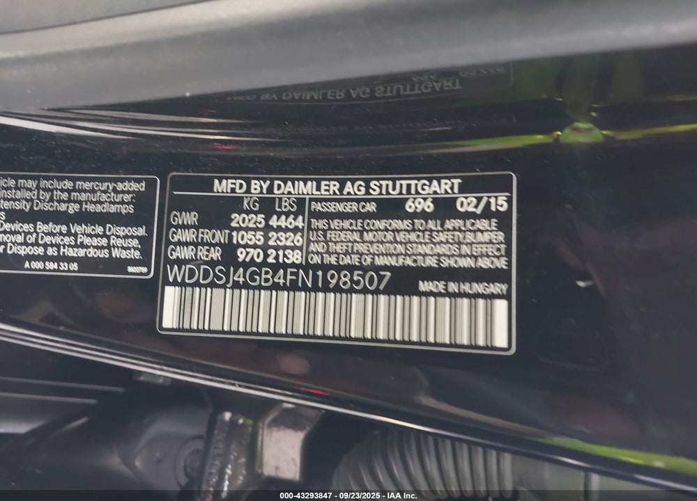 2015 MERCEDES-BENZ CLA-CLASS VIN: WDDSJ4GB4FN198507