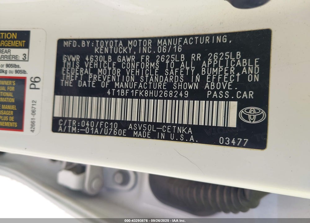 2017 TOYOTA CAMRY LE VIN: 4T1BF1FK8HU268249