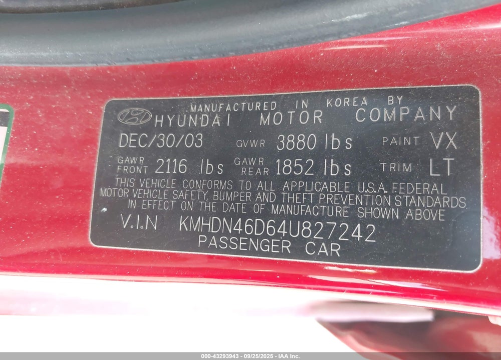 2004 HYUNDAI ELANTRA GLS/GT VIN: KMHDN46D64U827242