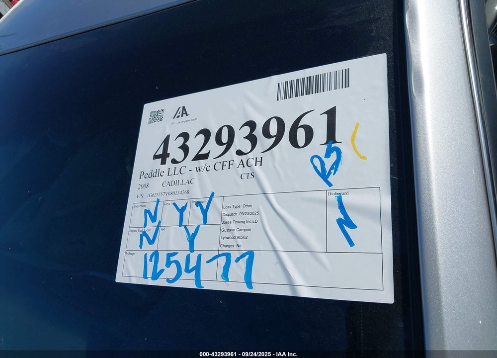 2008 CADILLAC CTS VIN: 1G6DT57V080134268