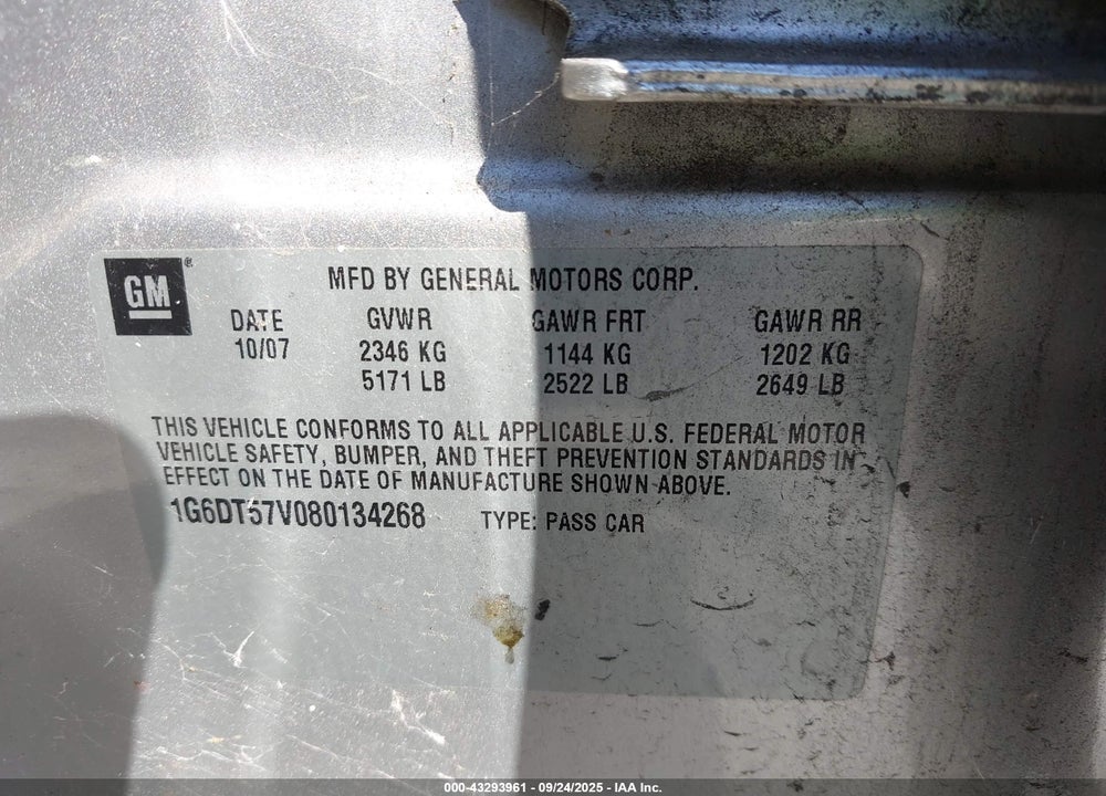 2008 CADILLAC CTS VIN: 1G6DT57V080134268