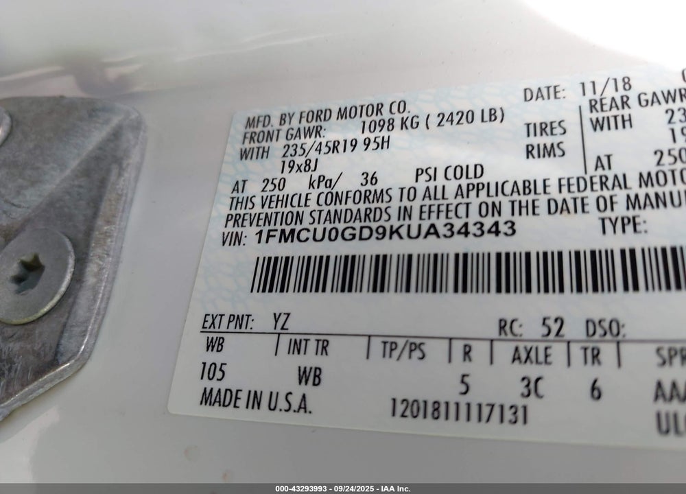 2019 FORD ESCAPE SE VIN: 1FMCU0GD9KUA34343