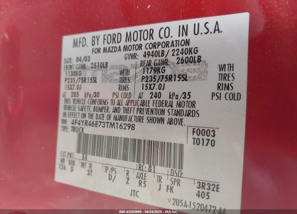 2003 MAZDA B4000 DS VIN: 4F4YR46E73TM16298