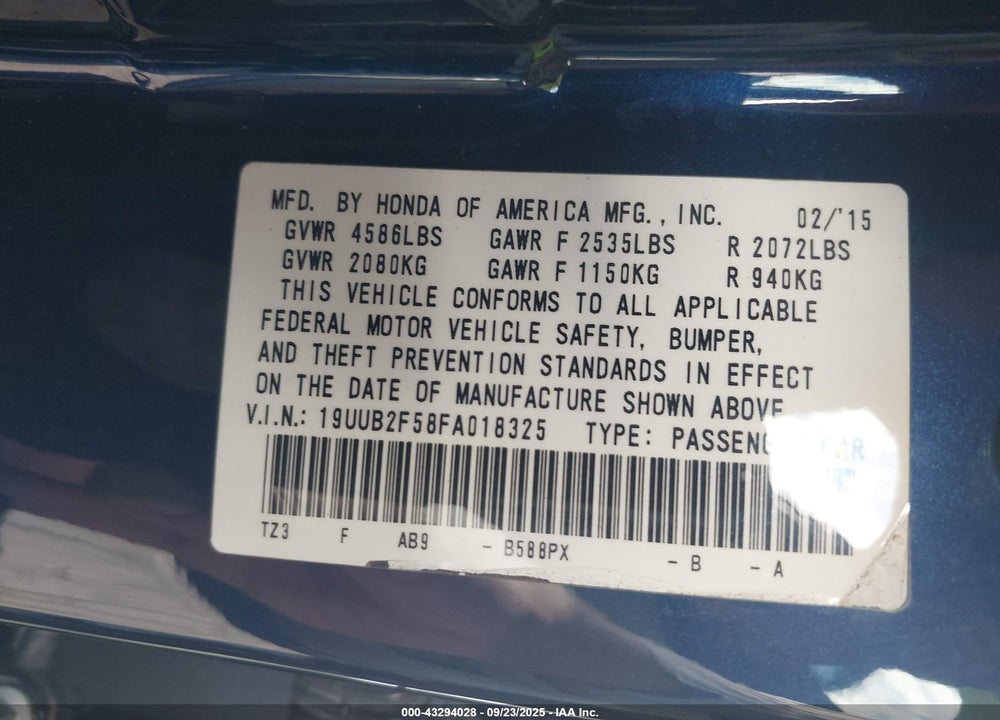 2015 ACURA TLX VIN: 19UUB2F58FA018325