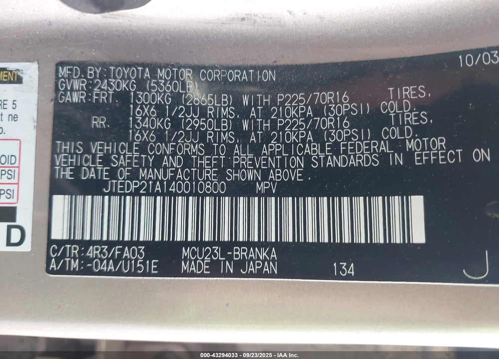 2004 TOYOTA HIGHLANDER V6 VIN: JTEDP21A140010800