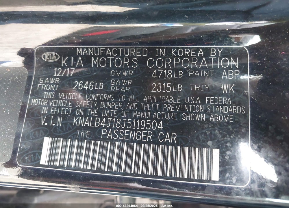2018 KIA CADENZA VIN: KNALB4J18J5119504