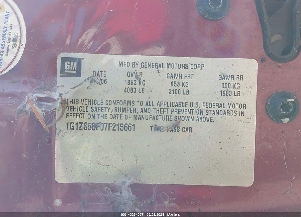 2007 CHEVROLET MALIBU LS VIN: 1G1ZS58F07F215661