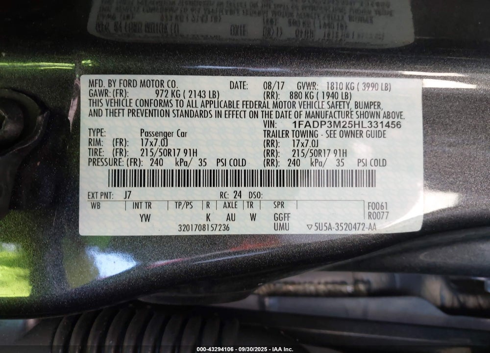 2017 FORD FOCUS VIN: 1FADP3M25HL331456