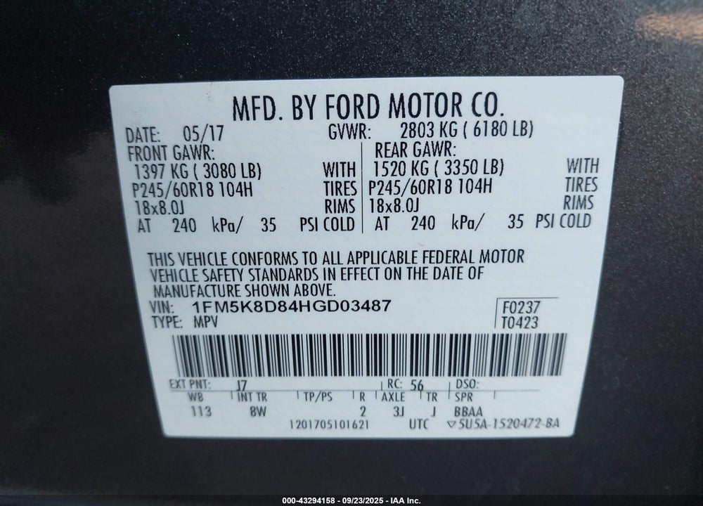 2017 FORD EXPLORER VIN: 1FM5K8D84HGD03487