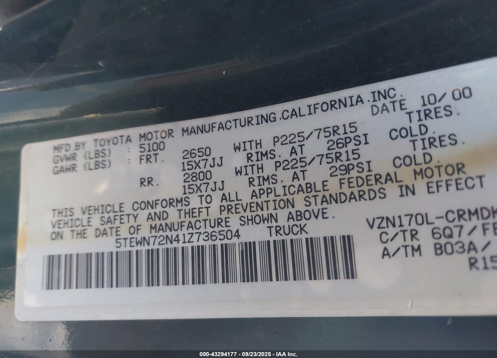 2001 TOYOTA TACOMA BASE V6 VIN: 5TEWN72N41Z736504