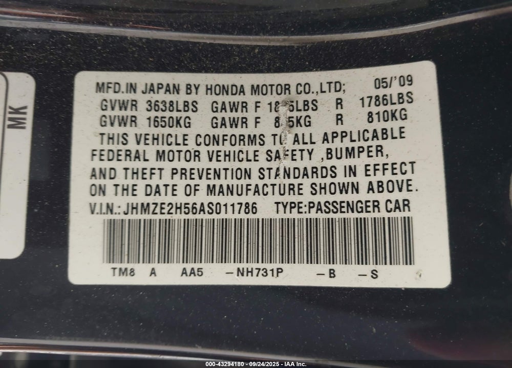 2010 HONDA INSIGHT VIN: JHMZE2H56AS011786