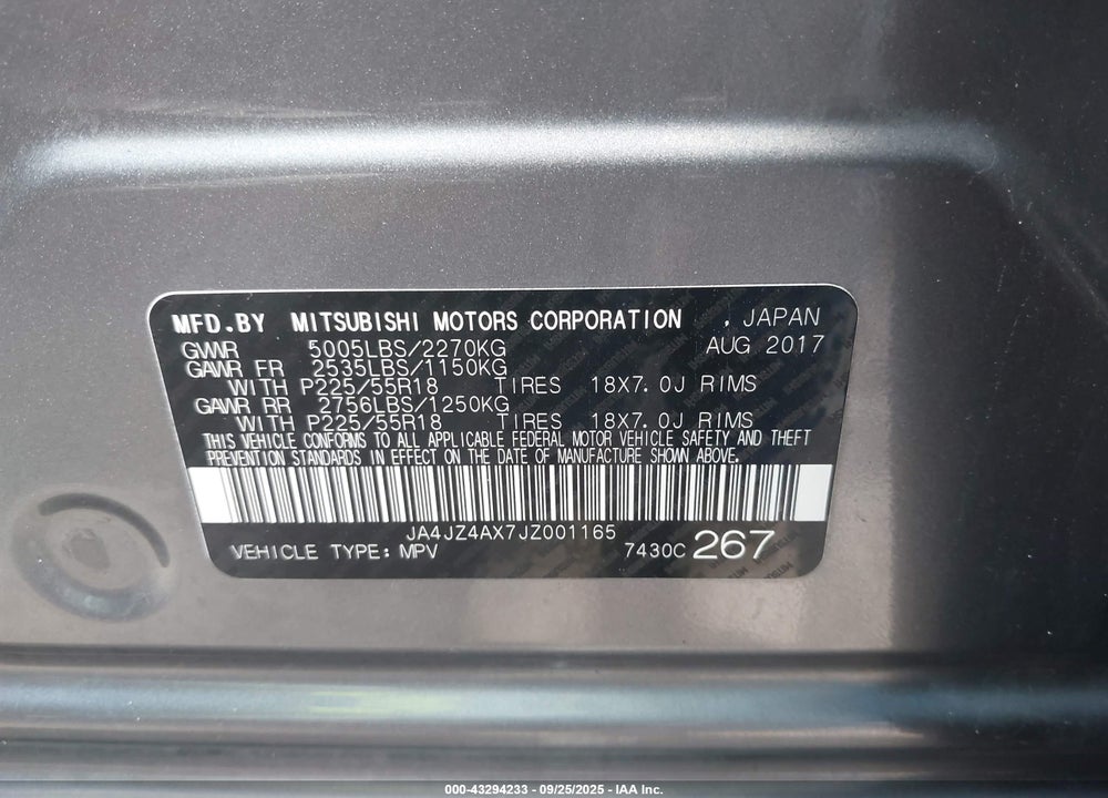 2018 MITSUBISHI OUTLANDER VIN: JA4JZ4AX7JZ001165