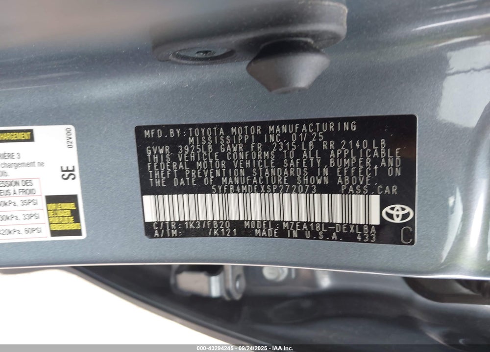 2025 TOYOTA COROLLA VIN: 5YFB4MDEXSP272073