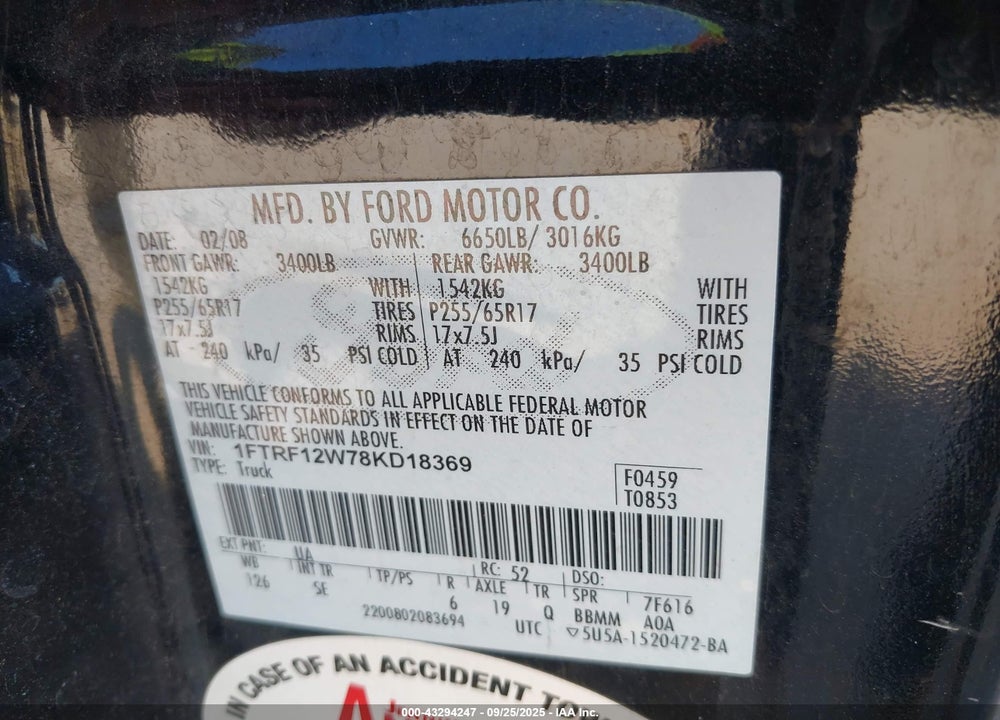 2008 FORD F-150 FX2/STX/XL/XLT VIN: 1FTRF12W78KD18369