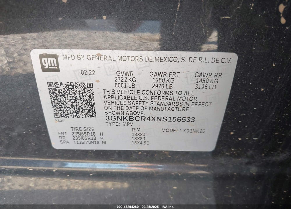 2022 CHEVROLET BLAZER VIN: 3GNKBCR4XNS156533