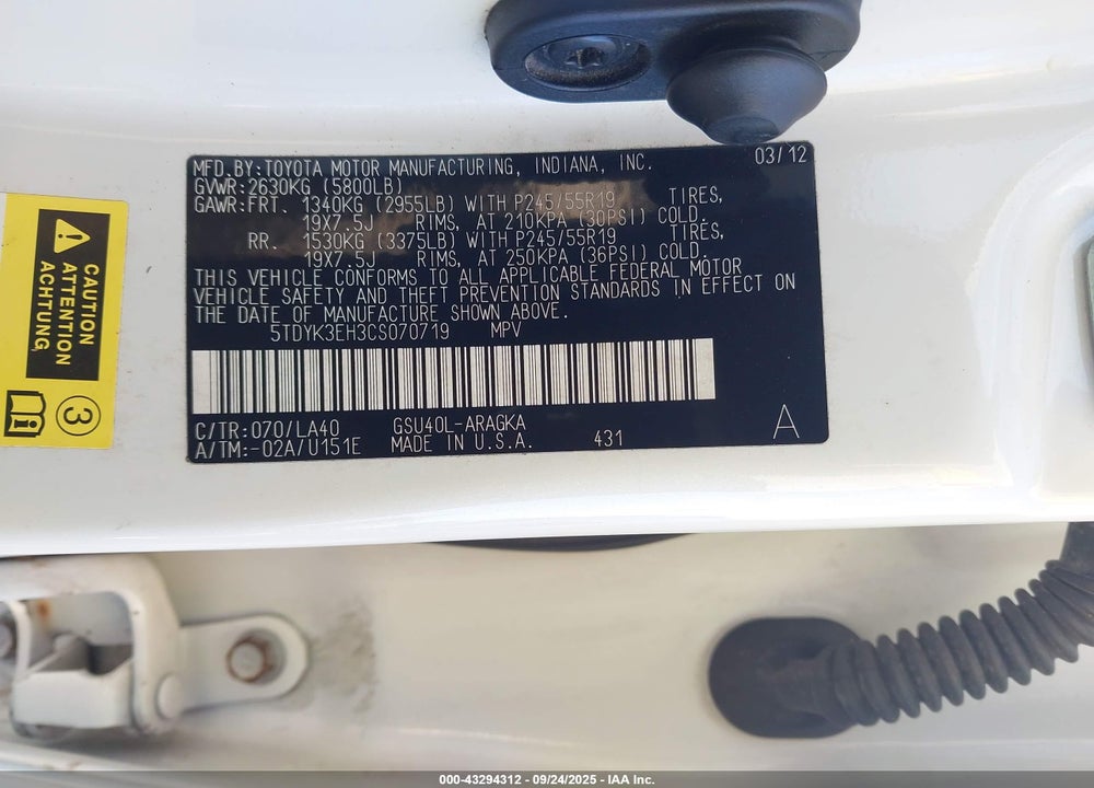 2012 TOYOTA HIGHLANDER VIN: 5TDYK3EH3CS070719