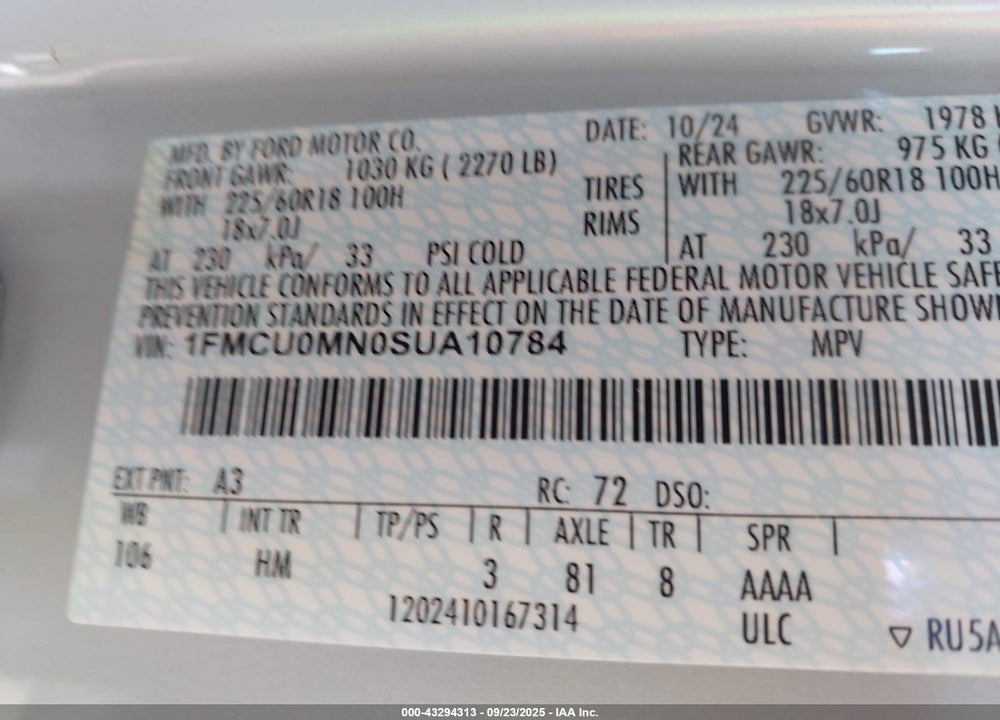 2025 FORD ESCAPE VIN: 1FMCU0MN0SUA10784