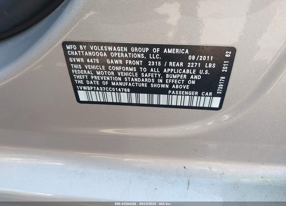 2012 VOLKSWAGEN PASSAT 2.5L SE VIN: 1VWBP7A37CC014788