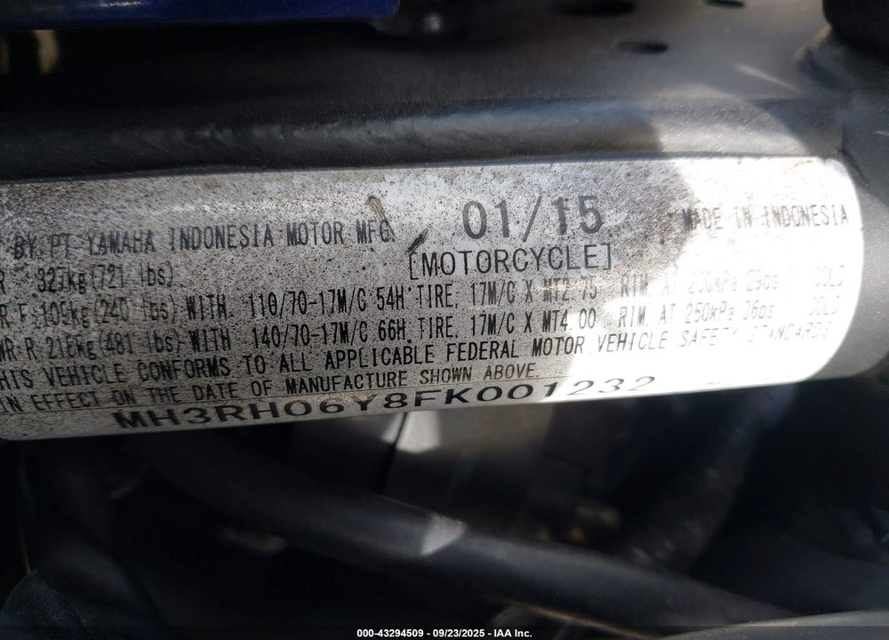 2015 YAMAHA YZFR3 VIN: MH3RH06Y8FK001232