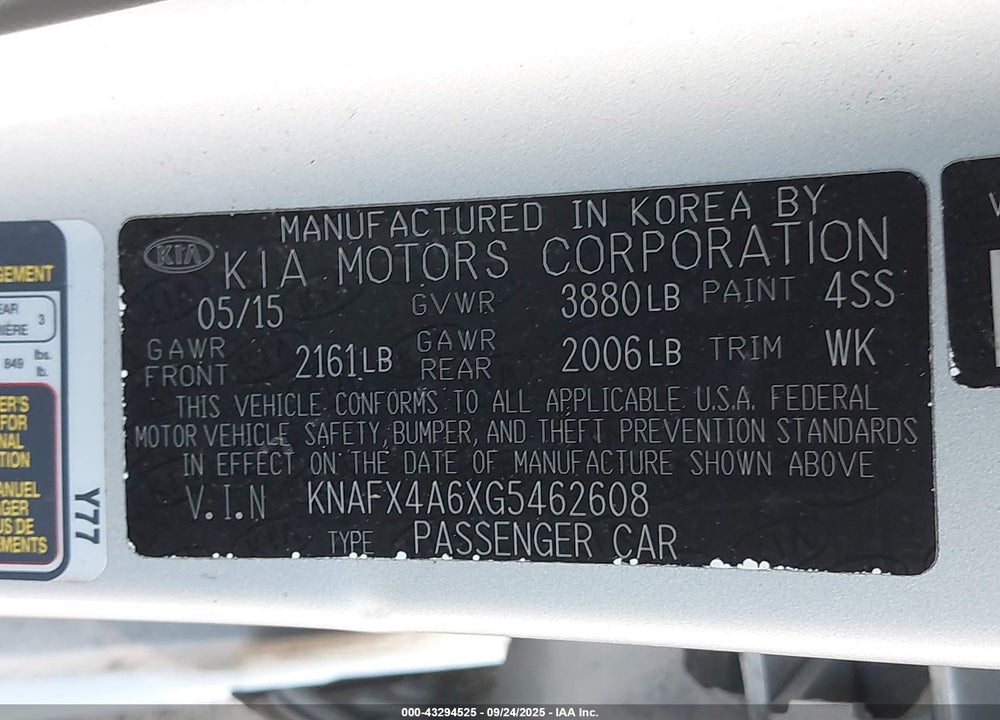 2016 KIA FORTE VIN: KNAFX4A6XG5462608