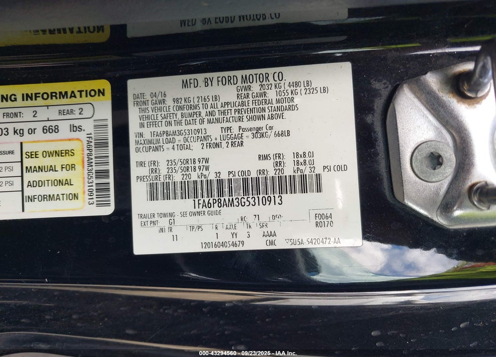 2016 FORD MUSTANG VIN: 1FA6P8AM3G5310913