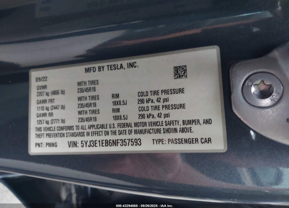 2022 TESLA MODEL 3 LONG RANGE DUAL MOTOR ALL-WHEEL DRIVE VIN: 5YJ3E1EB6NF357593