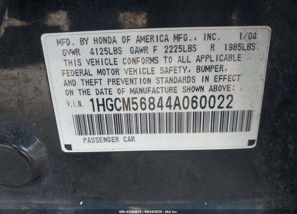 2004 HONDA ACCORD 2.4 EX VIN: 1HGCM56844A060022