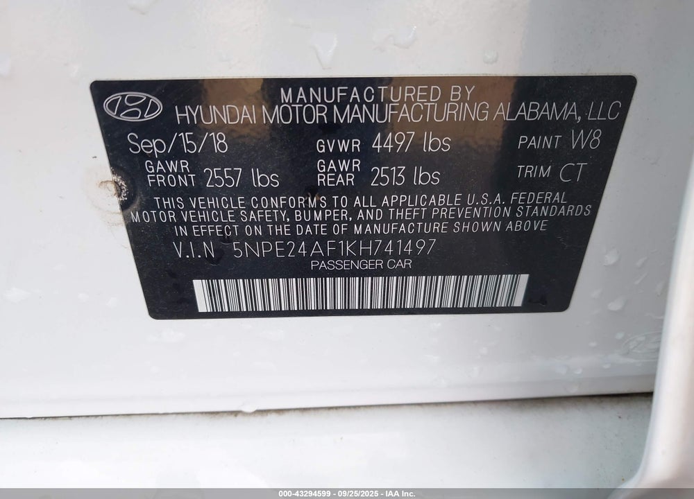 2019 HYUNDAI SONATA SE VIN: 5NPE24AF1KH741497