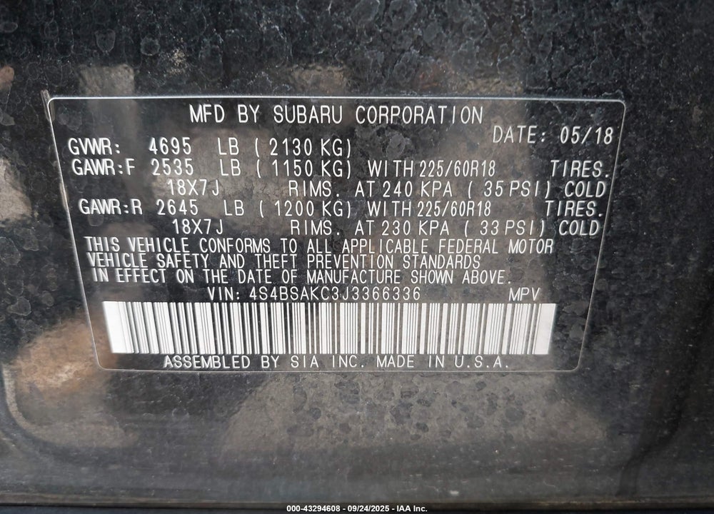 2018 SUBARU OUTBACK VIN: 4S4BSAKC3J3366336