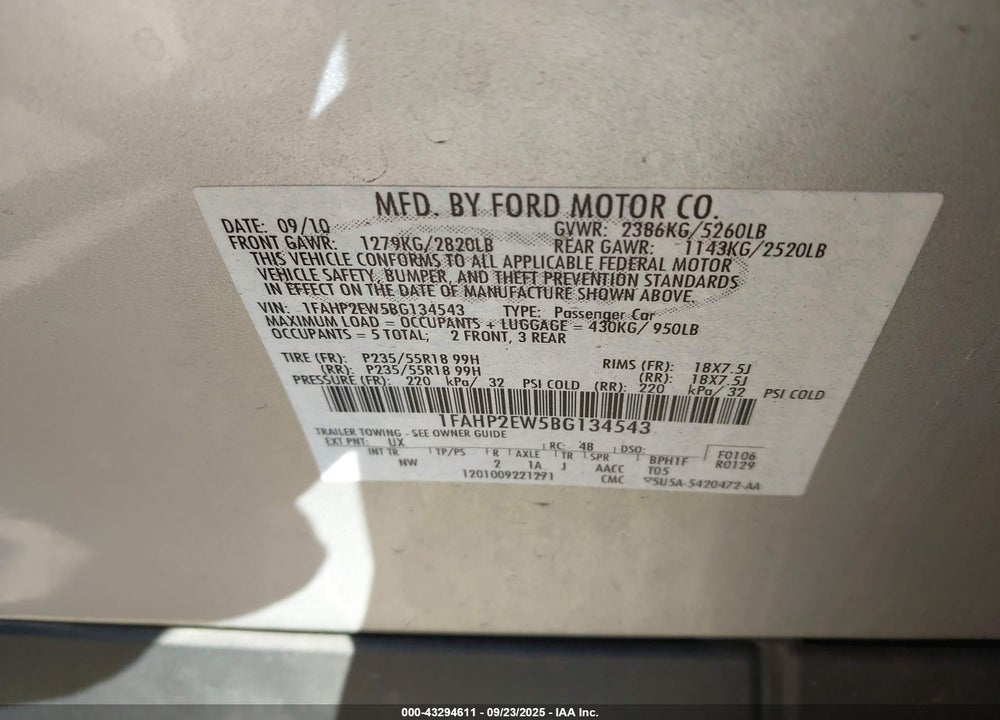 2011 FORD TAURUS VIN: 1FAHP2EW5BG134543