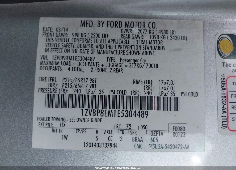 2014 FORD MUSTANG VIN: 1ZVBP8EM1E5304489