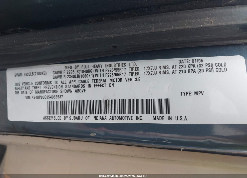 2005 SUBARU OUTBACK 3.0R L.L. BEAN EDITION VIN: 4S4BP86C354363537