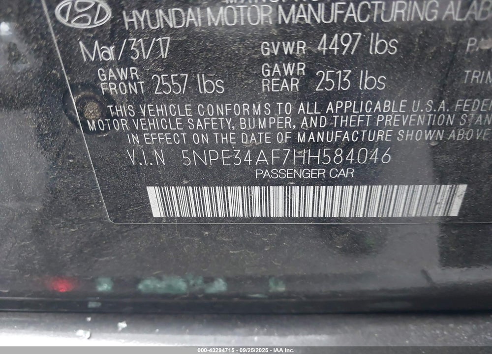 2017 HYUNDAI SONATA LIMITED VIN: 5NPE34AF7HH584046