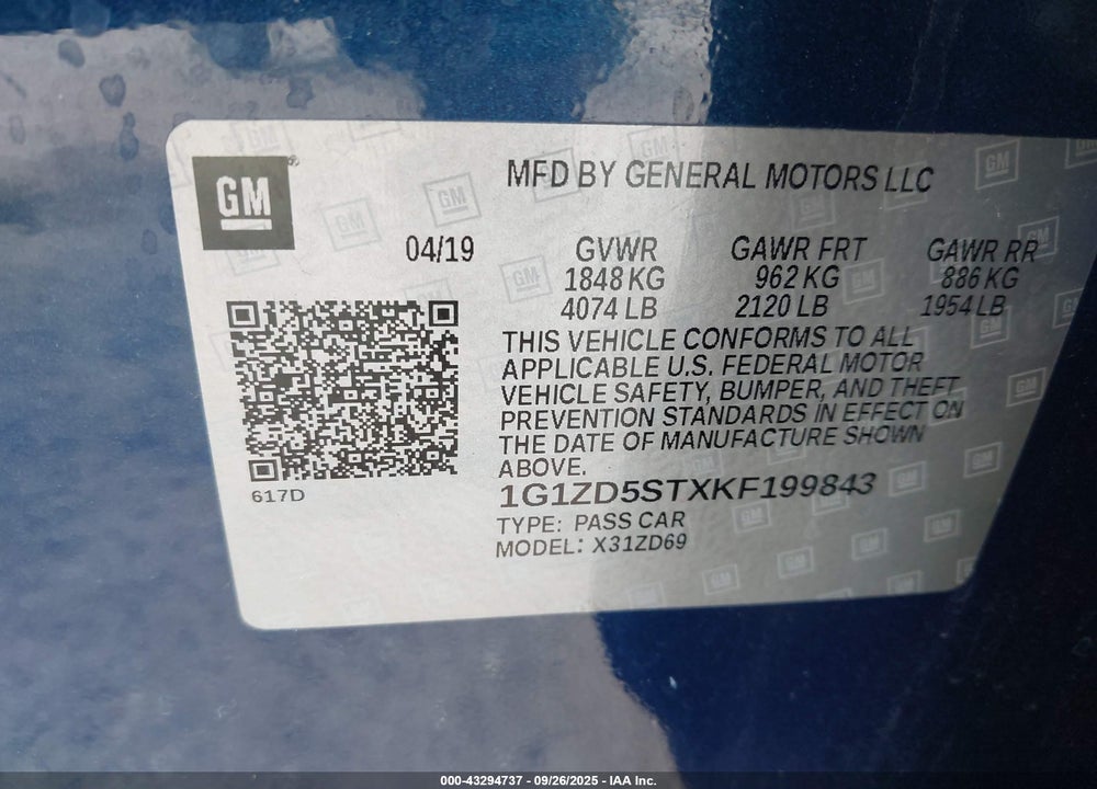 2019 CHEVROLET MALIBU VIN: 1G1ZD5STXKF199843