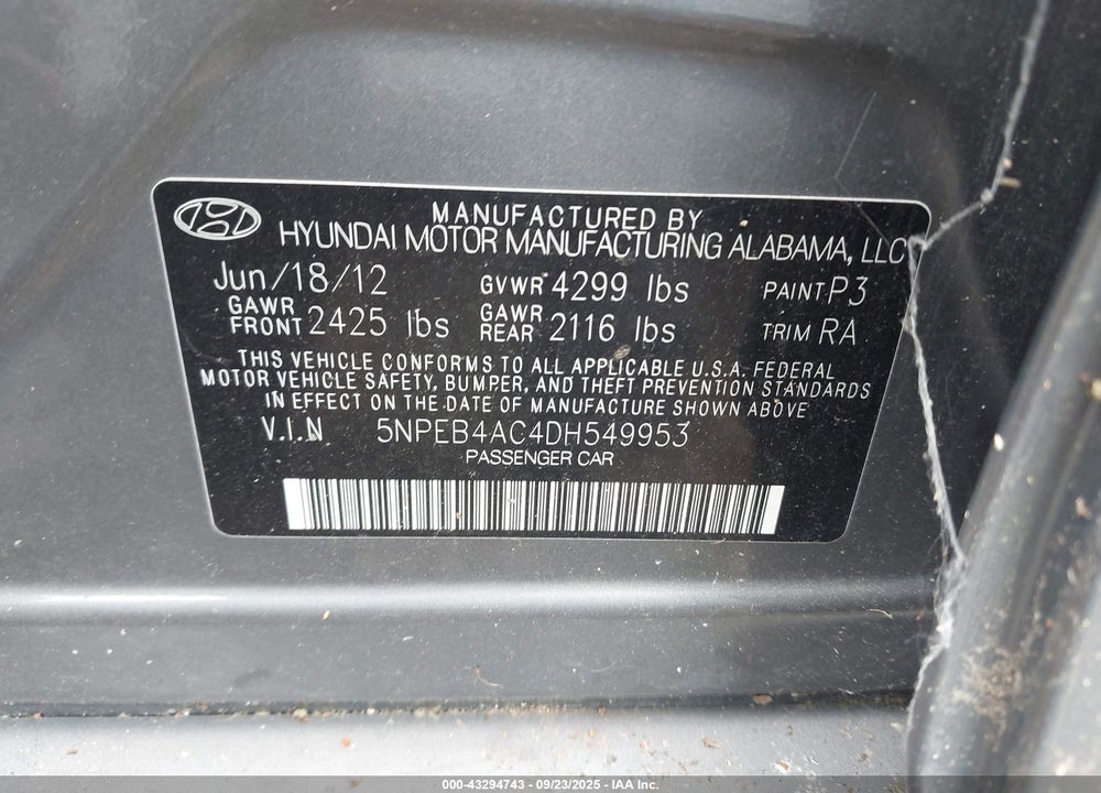 2013 HYUNDAI SONATA GLS VIN: 5NPEB4AC4DH549953