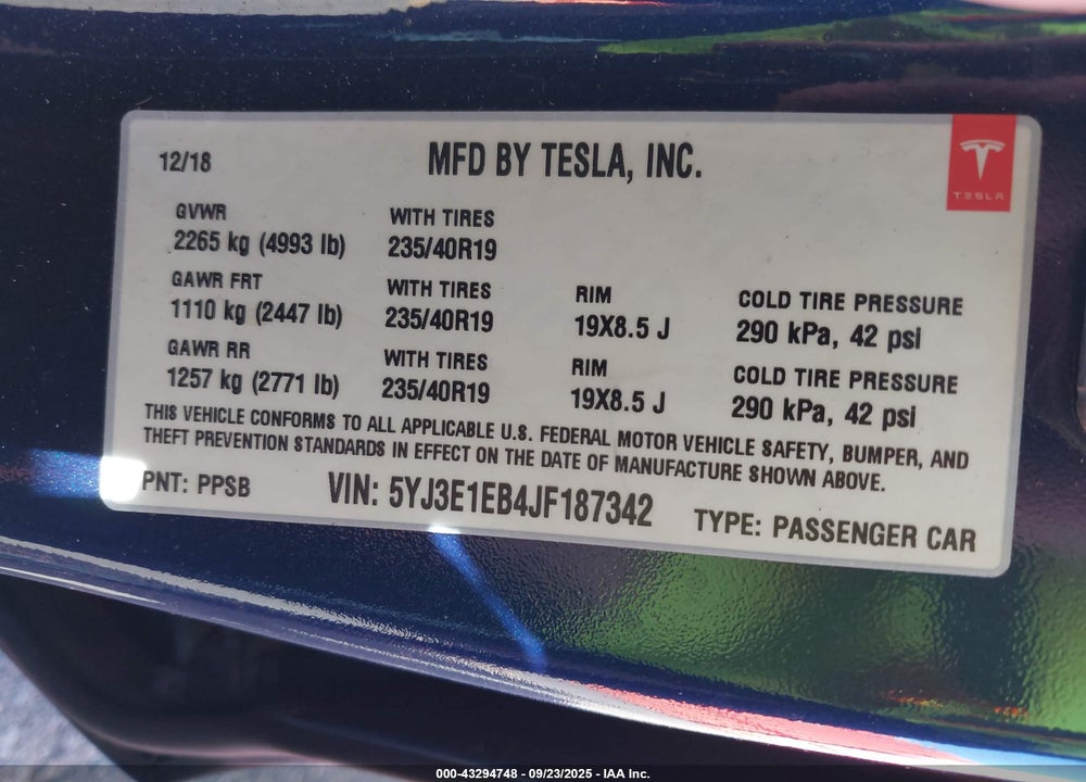 2018 TESLA MODEL 3 LONG RANGE/PERFORMANCE VIN: 5YJ3E1EB4JF187342
