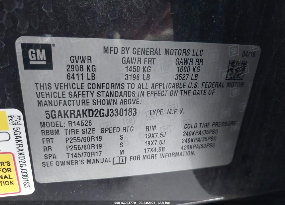 2016 BUICK ENCLAVE CONVENIENCE VIN: 5GAKRAKD2GJ330183