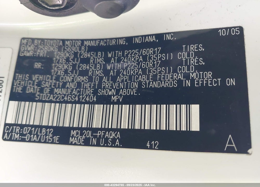2006 TOYOTA SIENNA XLE VIN: 5TDZA22C46S412404