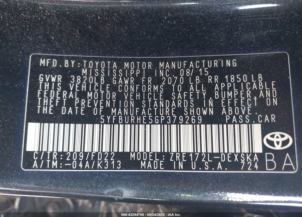 2016 TOYOTA COROLLA VIN: 5YFBURHE5GP379269