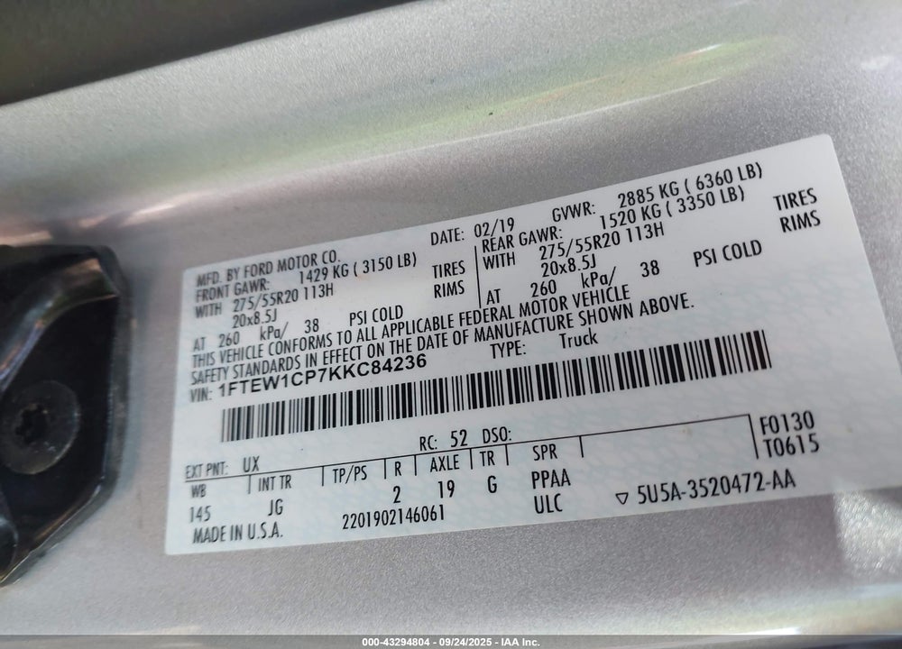 2019 FORD F-150 VIN: 1FTEW1CP7KKC84236