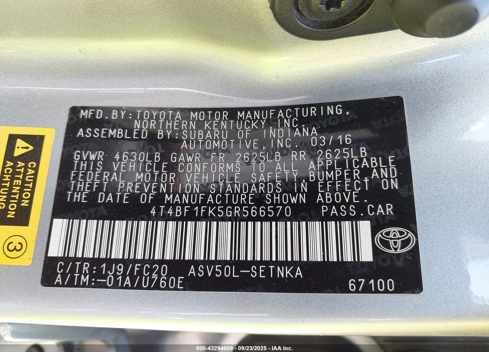 2016 TOYOTA CAMRY LE VIN: 4T4BF1FK5GR566570