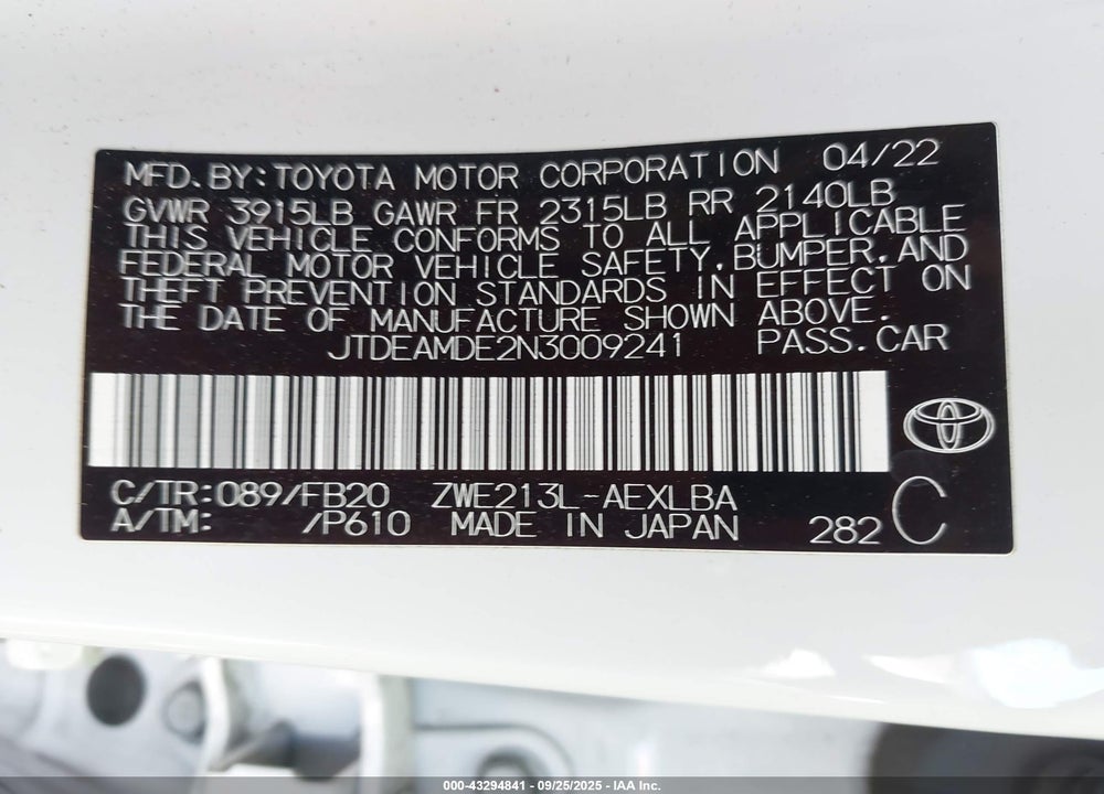 2022 TOYOTA COROLLA VIN: JTDEAMDE2N3009241