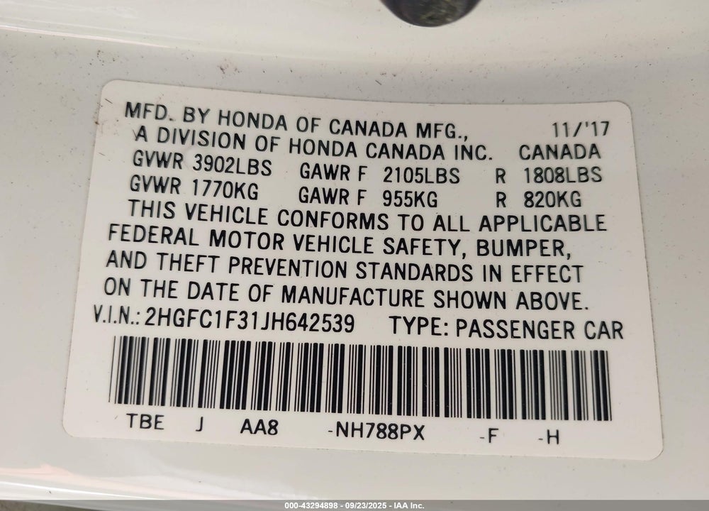 2018 HONDA CIVIC EX-T VIN: 2HGFC1F31JH642539