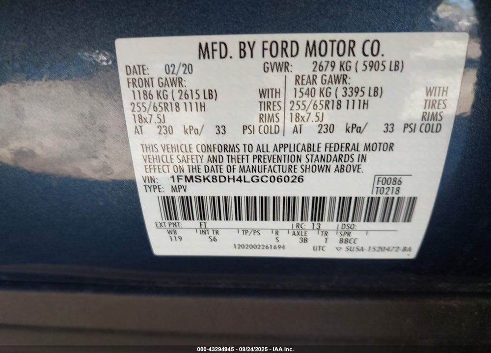 2020 FORD EXPLORER VIN: 1FMSK8DH4LGC06026