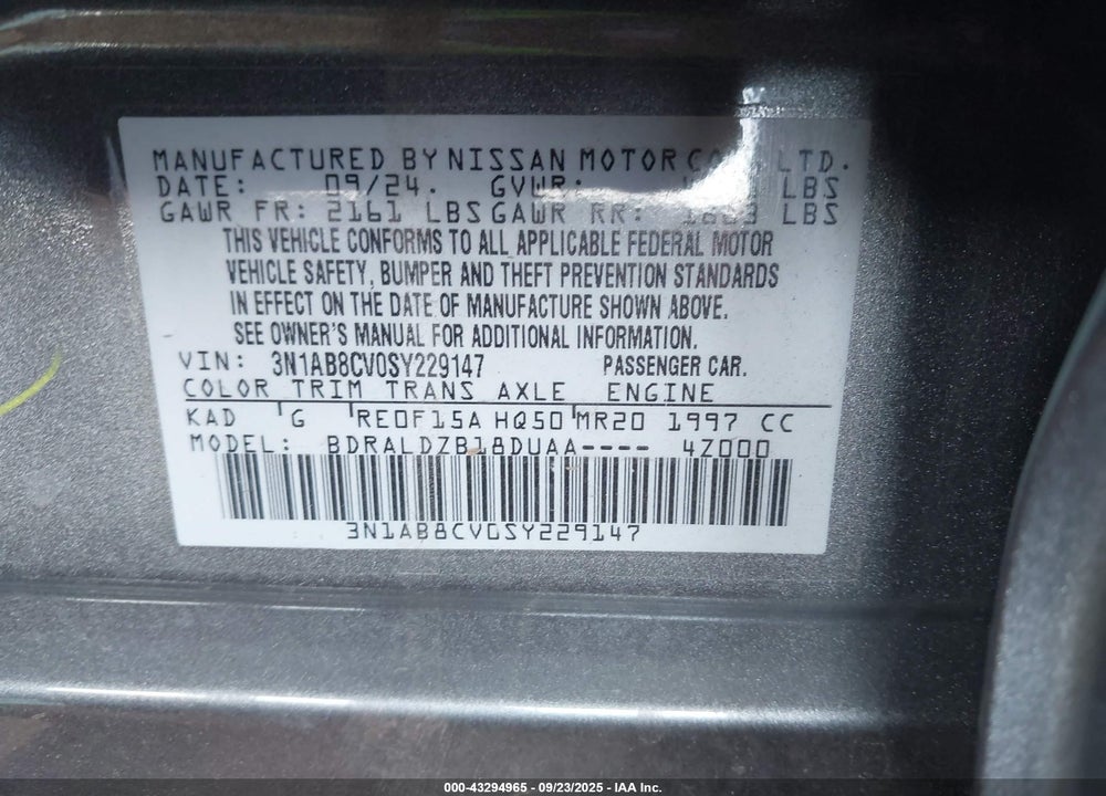 2025 NISSAN SENTRA SV VIN: 3N1AB8CV0SY229147