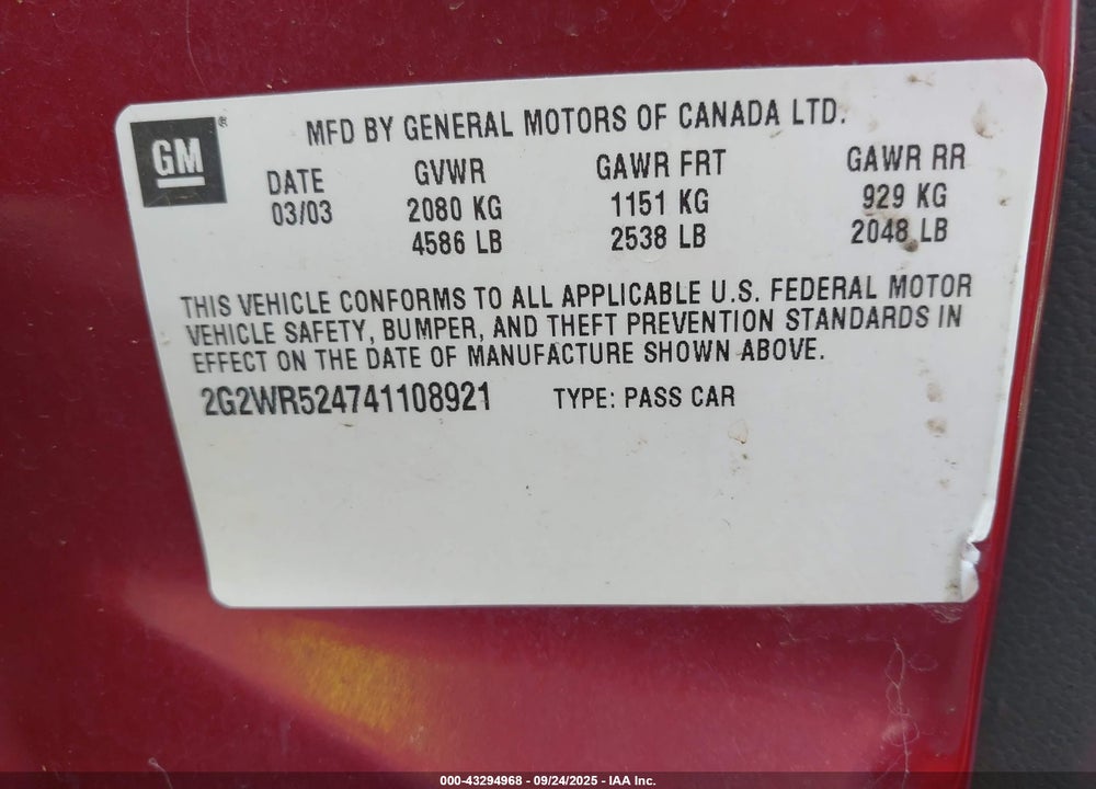 2004 PONTIAC GRAND PRIX GTP VIN: 2G2WR524741108921